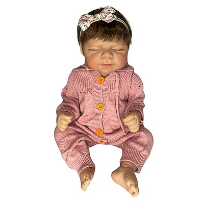 Boneca Bebe Reborn Carol Corpo de Silicone Roupinha de Frio Rosa - 48cm