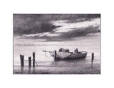 Desenho Barco no ancoradouro ccom pescador