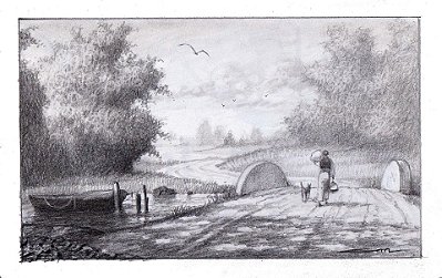 Desenho grafite A estrada e o pescador