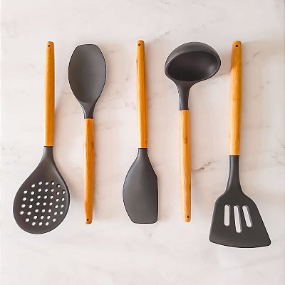 Kit de Utensílios em Bambu Com Silicone Preto 5 Peças - YOI