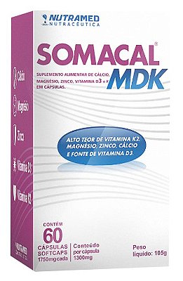 Somacal MDK (Cálcio + Magnésio + Vit. D3 + K2 + Zinco) - 60 cápsulas