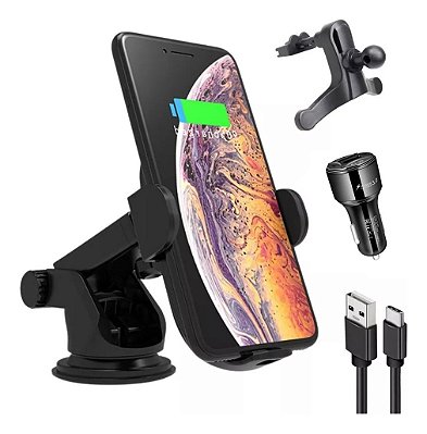 Suporte Veicular Carregador Por Indução Sem Fio Para Celular + Carregador QC3 Duplo Usb