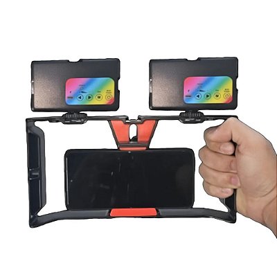 Kit Estabilizador Cage Video Making Com 2 Mini Luzes de Led Rgb Recarregável
