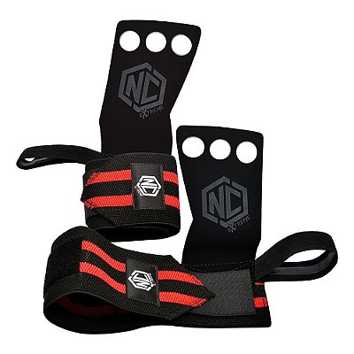 Luva Grip Três Furos c/ Munhequeira (par) - Preto c/ vermelho - NC Extreme