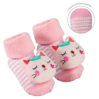MEIA ANTIDERRAPANTE COM CHOCALHO GATINHO ROSA | BUBA (6M-12M)