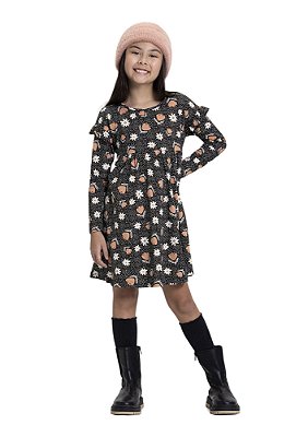 VESTIDO INFANTIL MENINA PRETO ESTAMPADO | ALAKAZOO (4 A 10 ANOS)