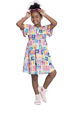 VESTIDO INFANTIL EM MALHA DE ALGODÃO ESTAMPADO | ALAKAZOO (6 A 16 ANOS)