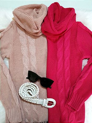 Blusa de Tricot Tranças com Gola Alta | Cores: Rosa Claro e Pink