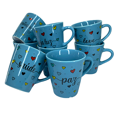 Caneca Porcelana Tulipa 120ml Corações Grandes Azul