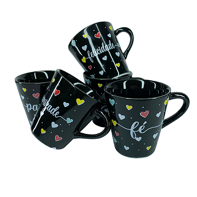 Caneca Porcelana Tulipa 120ml Corações Grandes Preta