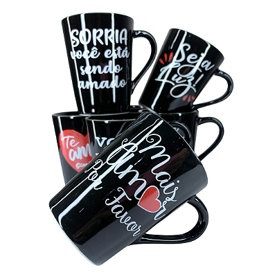 Caneca Porcelana Tulipa 220ml Frases de Amor Preta