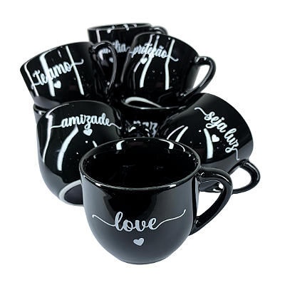 Xícara de Chá Paris 170ml Porcelana Mensagens Preta