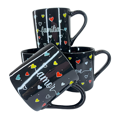 Caneca Porcelana Redonda 210ml Corações Grandes Preta