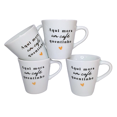 Caneca Porcelana Tulipa 120ml Aqui Mora Café Quentinho Branca