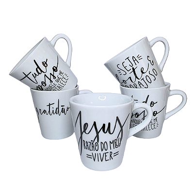 Caneca Porcelana Tulipa 120ml Mensagens Fé Branca