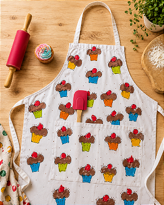 Avental Adulto em Brim de Algodão Estampa Cupcake Cereja – Andrea Milan