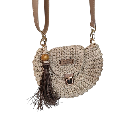 Bolsa Crochê Bege com Alça de Couro – Feita à Mão