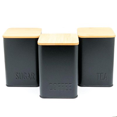 Pote Porta Mantimento Quadrado - Tampa Bambu 3 Latas Preto