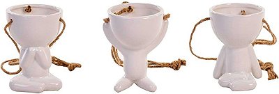 Kit 3 Vasos Cachepô Pendentes em Cerâmica Bob Homenzinho Branco