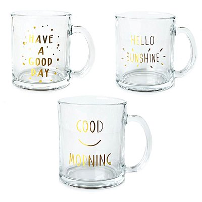 Kit 3 Canecas de Vidro - Estampa Dourada