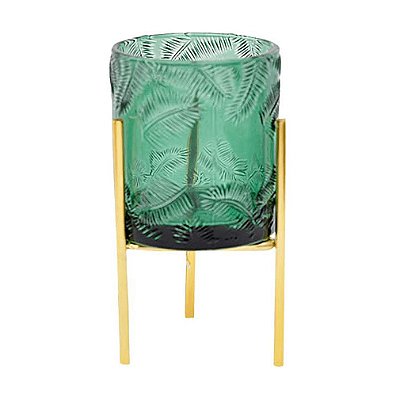 Vaso de Vidro Verde Porta Velas com Suporte Dourado Palmeiras A