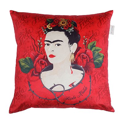 Capa Almofada Frida Kahlo Rosas - 45cm x 45cm