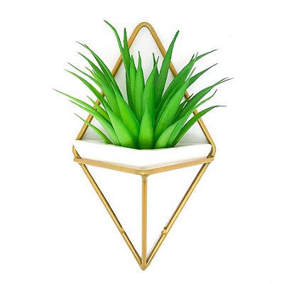 Vaso de Parede Triangular Branco e Dourado - Suporte Aramado