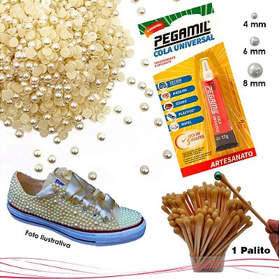 Kit Meia Pérola Para Customização De Tenis All Star Champanhe  + Cola Pegamil