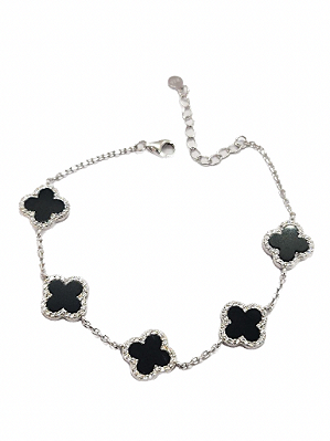 Pulseira Trevo Prata 925 Cravejada Pedra Natural Onix