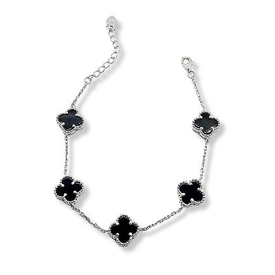 Pulseira Trevo Prata 925 com Pedra Natural Onix
