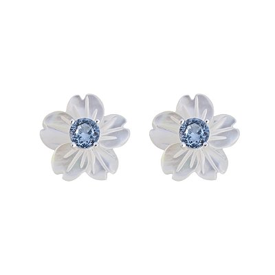 Brinco Flor Madrepérola Safira Prata 925