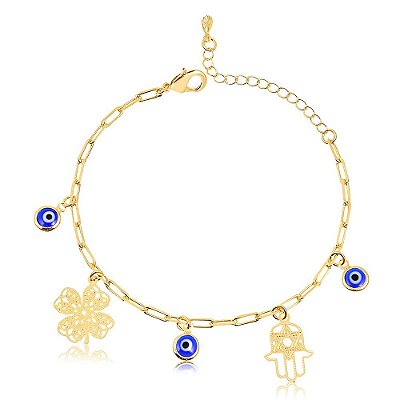 Pulseira com amuletos de sorte e proteção folheada em ouro 18k