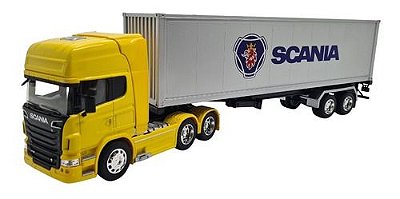 Miniatura Caminhão Scania R730 Amarelo Carreta Baú Wely 1:32