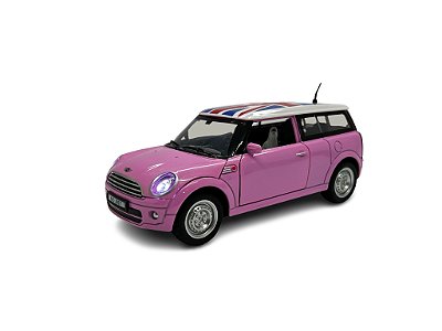 Miniatura Mini Cooper Rosa Acende Luz e Som Metal 1:28