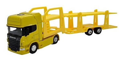 Miniatura Caminhão Scania Carreta Cegonha Amarelo 1:64