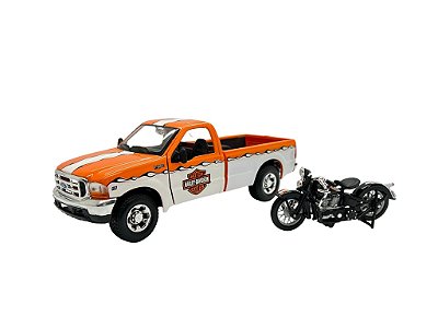Miniatura Ford F350 Super Harley Davidson + Moto Metal 1:27