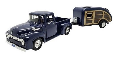 Miniatura Ford F100 1955 Pickup Com Reboque Azul Metal 1:24
