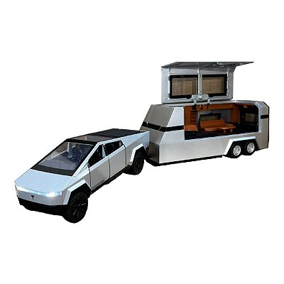 Miniatura Tesla Cyber Truck + Trailer Acende Luz e Som 1:32