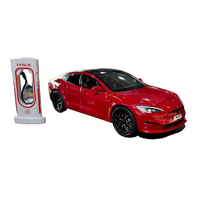 Miniatura Tesla Model S Vermelho Acende Luz E Som 1:24