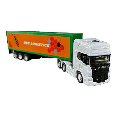Miniatura Caminhão Scania Branco Bau Verde Welly 1:64