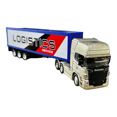 Miniatura Caminhão Scania Dourado Bau Azul Welly 1:64