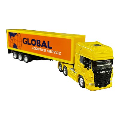 Miniatura Caminhão Scania Amarelo Bau Amarelo Welly 1:64