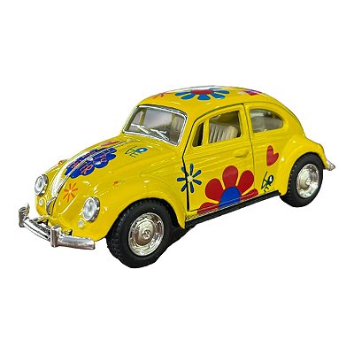 Miniatura Volkswagen Fusca Paz e Amor Amarelo Metal 1:32