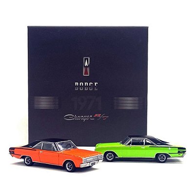 Miniatura Box Set c/ 2 Dodge Charger RT Laranja e Verde 1:64