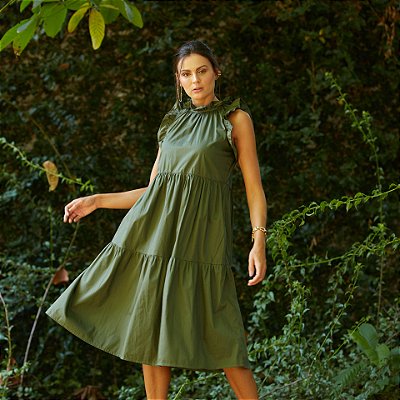 Vestido Xadrez Vichy com Marias Alça Jabot e Lastex Verde