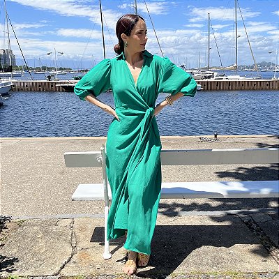 Vestido Xadrez Vichy com Marias Alça Jabot e Lastex Verde