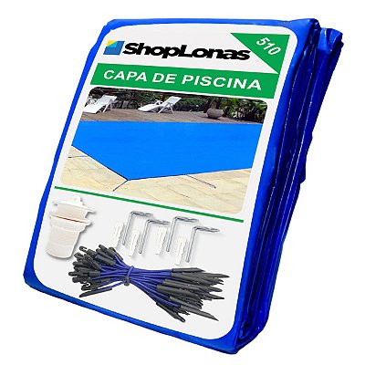 Capa De Piscina Azul Impermeável 510 Micras - 11x7,5m + Kit Instalação