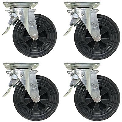 Rodizio Giratório C/ Freio para Container Plástico 8'' - Kit Com 4 Unidades