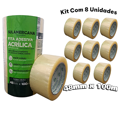 Kit 8 Fitas Adesiva Transparente 48x100m - Para Selar Embalagens Agrícolas