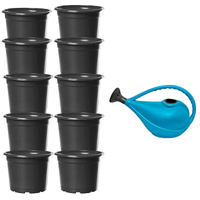 Regador 3L Azul Com Bico + 10UN Pote Holambra Preto - Nutriplan
